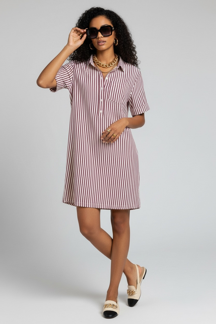 The Stripe Collared Half Button-Up T-Shirt Dress - Cabernet