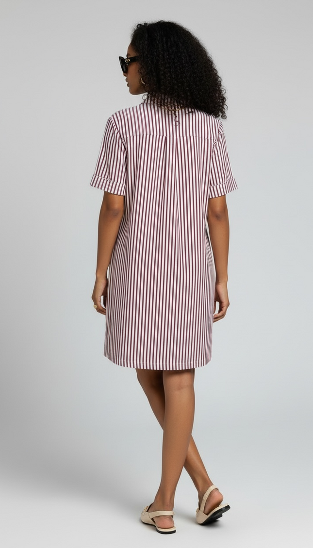 The Stripe Collared Half Button-Up T-Shirt Dress - Cabernet