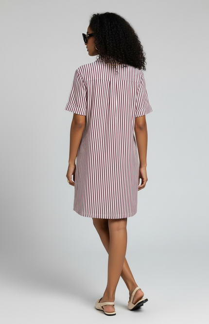 The Stripe Collared Half Button-Up T-Shirt Dress - Cabernet