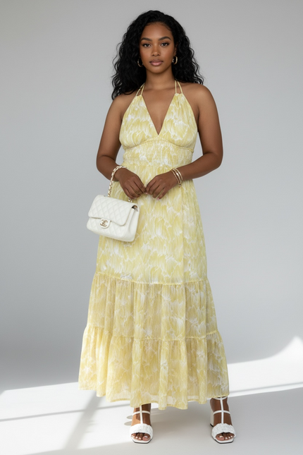 Sunlit Garden Halter Maxi Dress — Butter Yellow