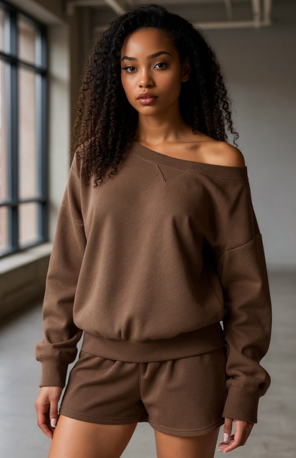 Fleece Boat Neck Sweatshirt and Shorts Set (Brown)