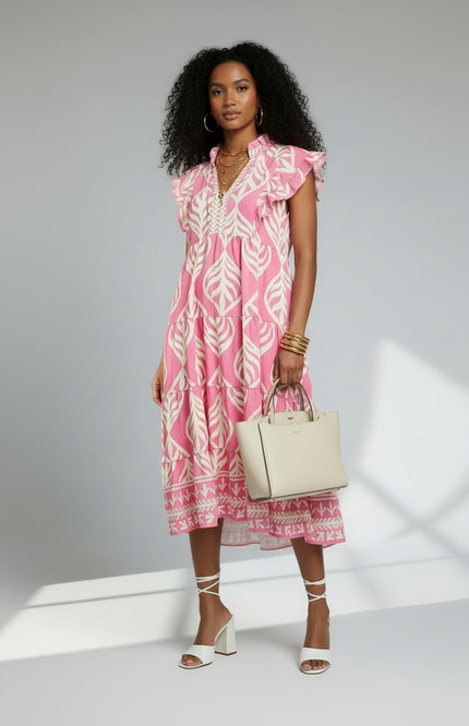 Leaf Print Ruffle Tiered Midi Dress - Peony