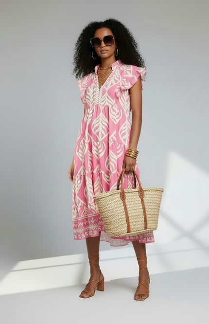 Leaf Print Ruffle Tiered Midi Dress - Peony