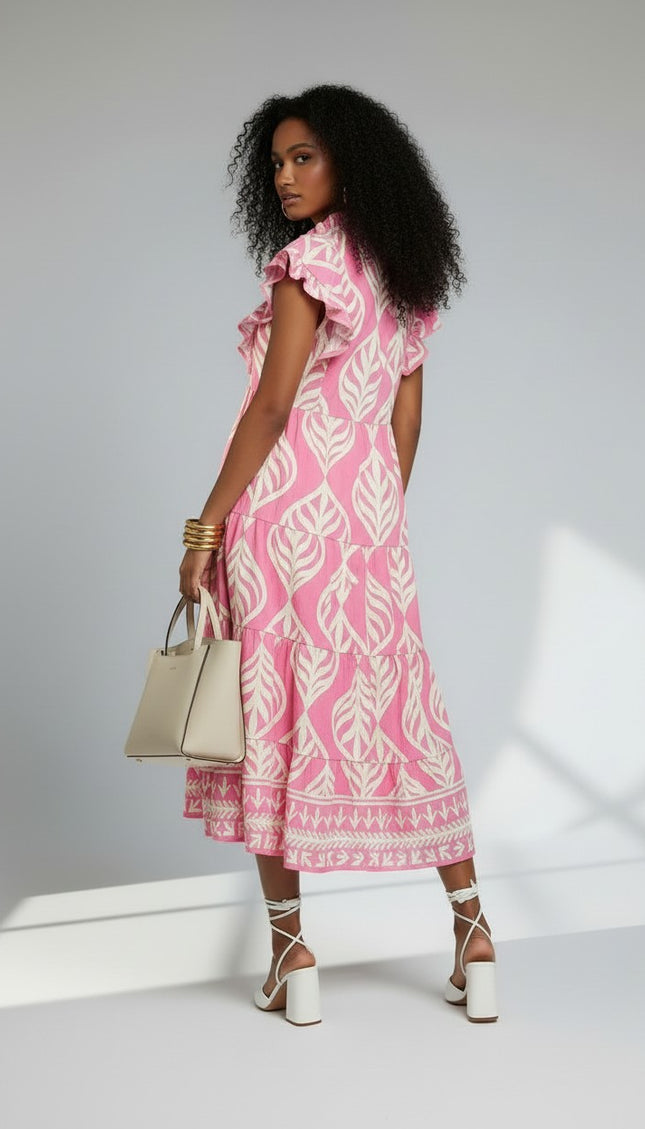 Leaf Print Ruffle Tiered Midi Dress - Peony