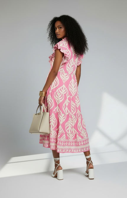 Leaf Print Ruffle Tiered Midi Dress - Peony