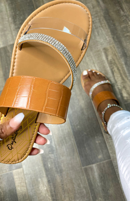 Athena Diamond Strap Slide Sandal - Camel